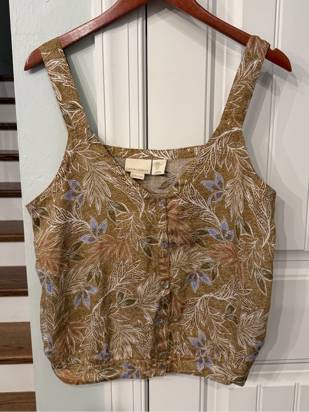 Cynthia Rowley Neutral Floral Linen Button Front Tank Top Size XL